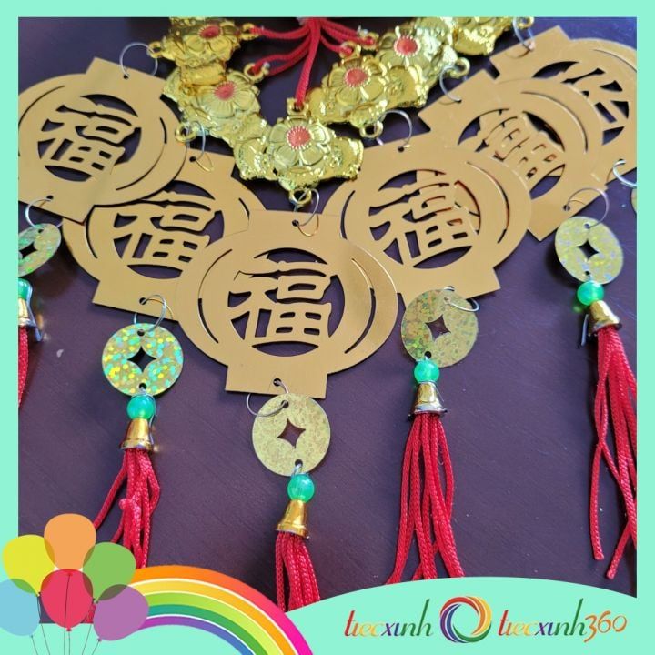  Set 5 dây treo trang trí Tết mẫu lồng đèn chữ Phúc màu vàng lá kẻm 