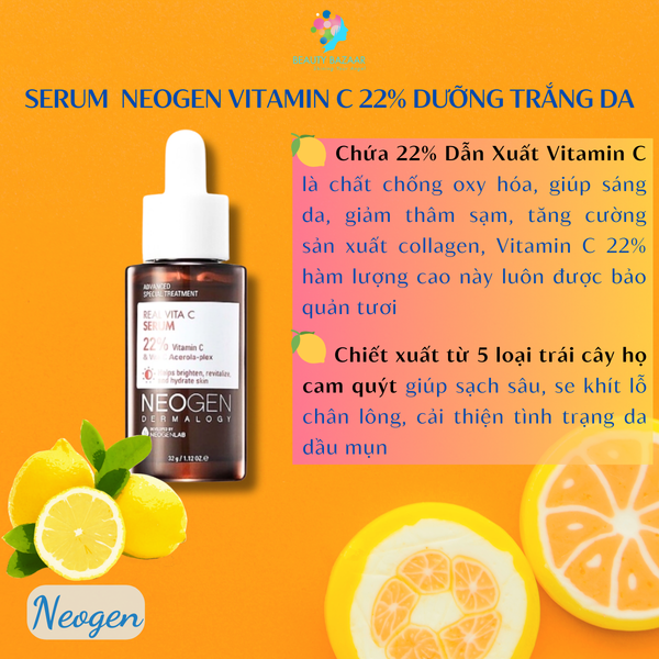  Serum Vitamin C dưỡng trắng da căng bóng Neogen Vitamin C 22% Niacinamide 5% cho da dầu mụn 32ml 