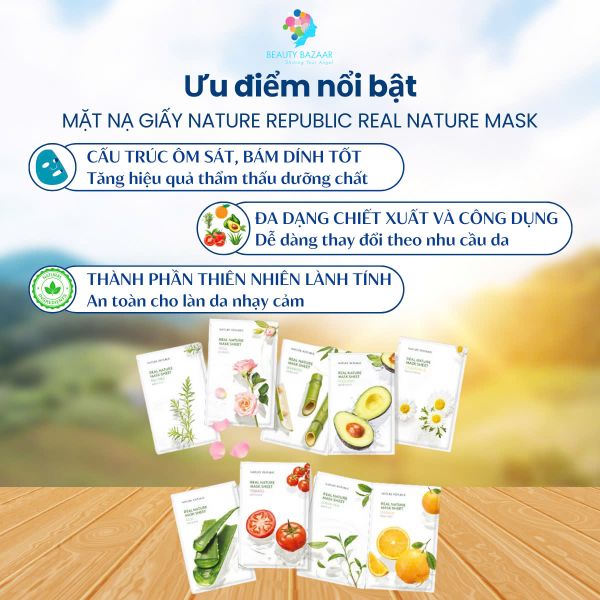  Mặt nạ giấy Nature Republic Hàn Quốc Real Nature Mask cấp ẩm dưỡng trắng phục hồi da chính hãng 25ml 