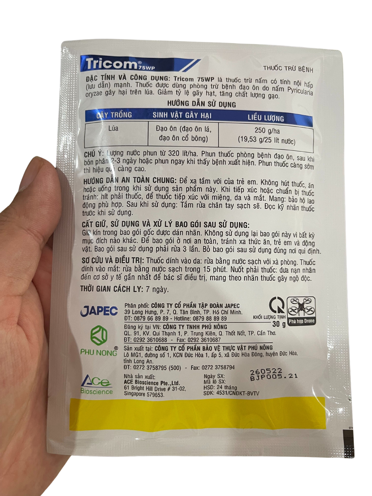 Tricom Insecticides Thuốc đặc trị bệnh đạo ôn lá (cháy lá), đạo ôn cổ bông TRICOM 75WP ...