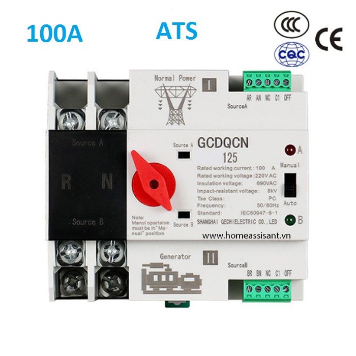 Cầu Dao ATS Chuyển 2 Nguồn Tự Động Nhanh Không Mất Điện 1 Pha 100A ATSN02