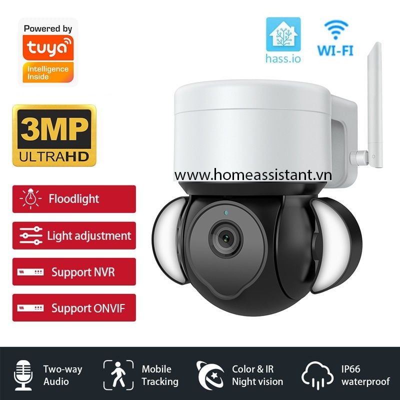 Camera Wifi Tuya 3M Tích Hợp Đèn Pha TY04 (Hỗ trợ đầu ghi NVR ONVIF, HomeAssistant) Hass