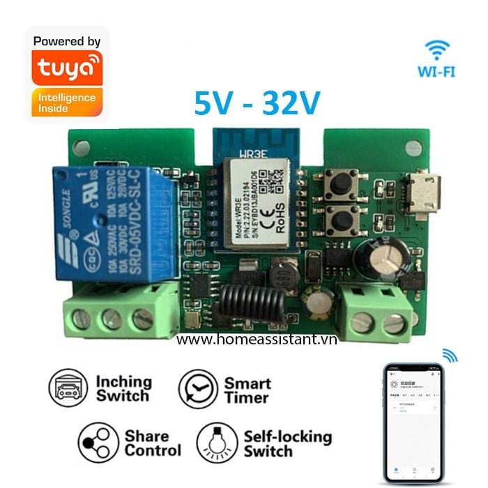 Bo Mạch Công Tắc 1 Cổng 5V - 32V 10A Wifi Và RF Tuya JY01 (Khởi động máy tính qua App)