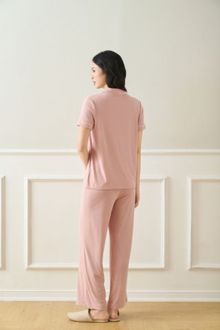  Bộ mặc nhà áo pyjama cộc quần dài màu hồng 