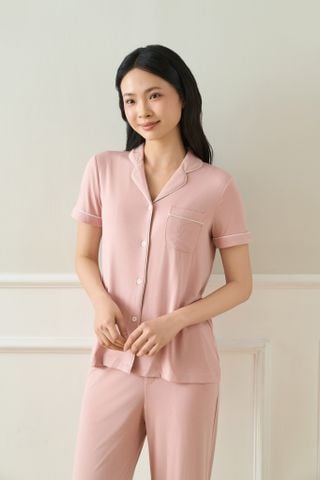  Bộ mặc nhà áo pyjama cộc quần dài màu hồng 