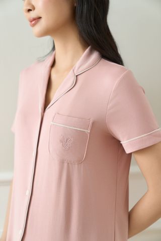  Bộ mặc nhà áo pyjama cộc quần dài màu hồng 