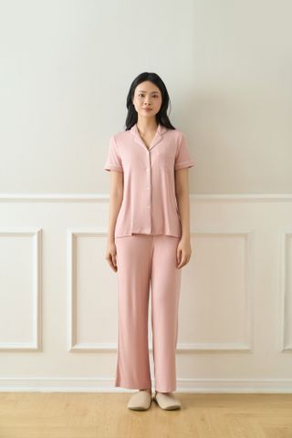  Bộ mặc nhà áo pyjama cộc quần dài màu hồng 