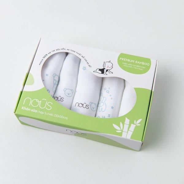  Set 5 khăn sữa bamboo màu trắng in họa tiết con gấu xanh 