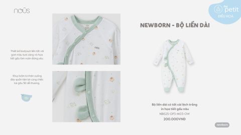  Bộ liền dài có tất cài lệch trắng in họa tiết gấu nâu NB 
