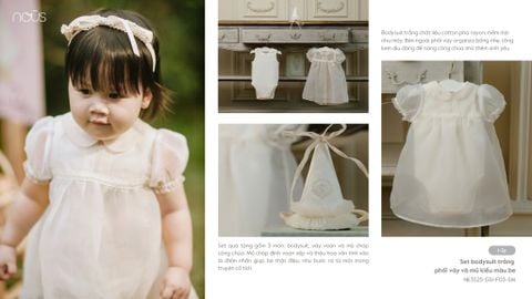  Set bodysuit trắng phối váy và mũ kiểu màu be 