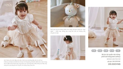  Bộ áo cộc quần váy trắng phối lưới hồng kèm softtoy 