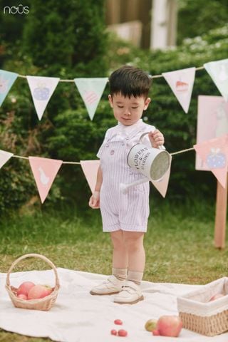  Bộ yếm cộc kẻ ghi kèm áo sơ mi cộc màu trắng 