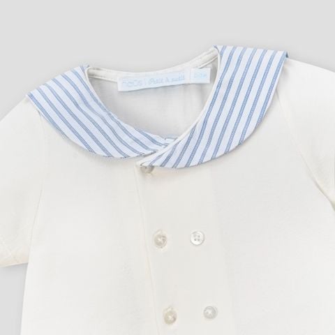  Bộ cộc cài thẳng áo trắng phối quần kẻ xanh navy 