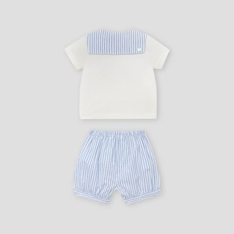  Bộ cộc cài thẳng áo trắng phối quần kẻ xanh navy 