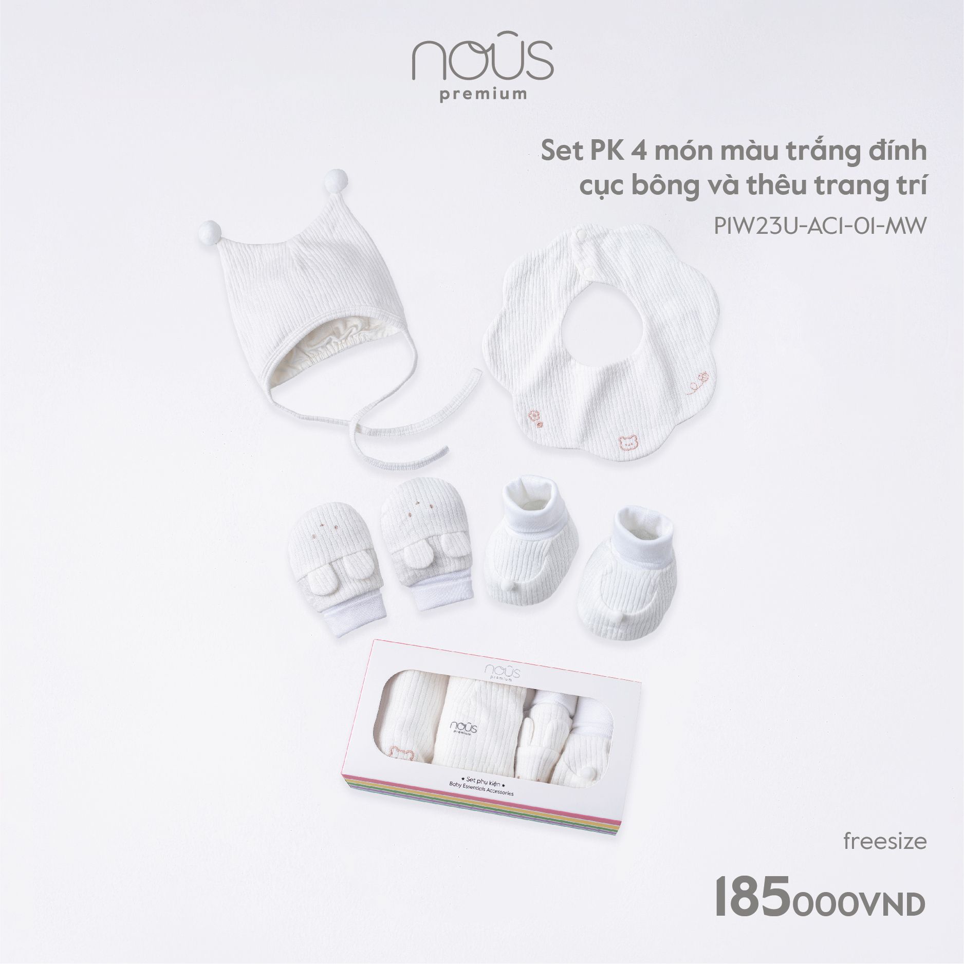  Set PK 4 món màu trắng đính cục bông và thêu trang trí 