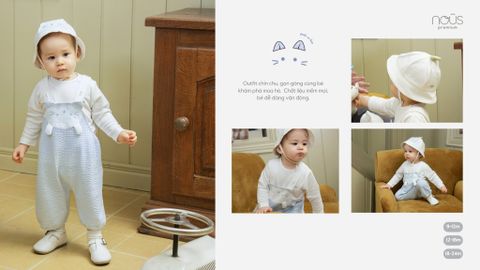  Set bộ quần yếm màu xanh áo dài tay trắng kèm mũ 