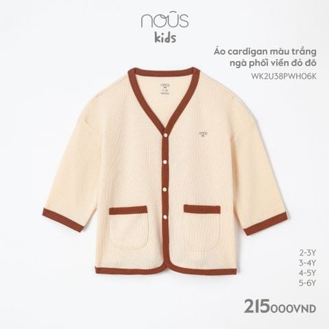  Áo cardigan màu trắng ngà phối viền đỏ đô 