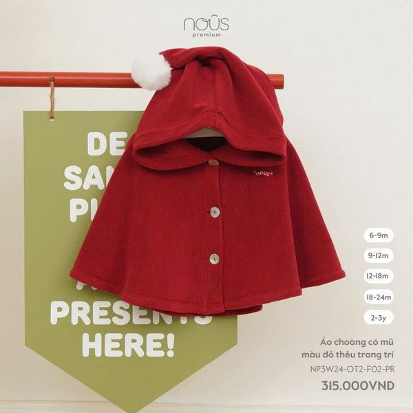  Áo choàng có mũ màu đỏ thêu trang trí 