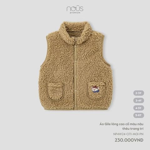  Áo gile lông cao cổ màu nâu thêu trang trí 