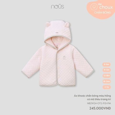  Áo khoác chần bông màu hồng có mũ thêu trang trí 
