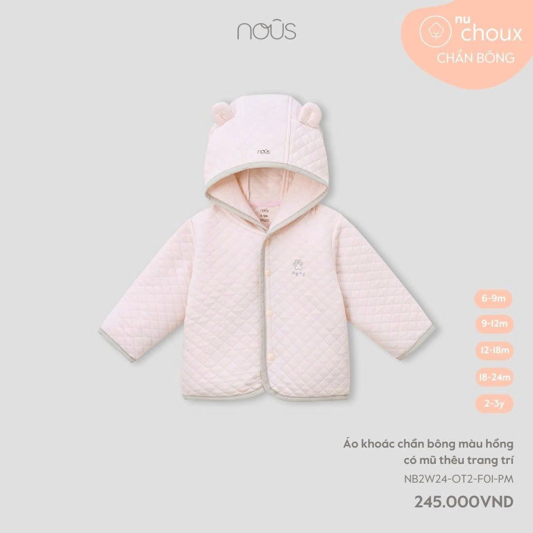  Áo khoác chần bông màu hồng có mũ thêu trang trí 