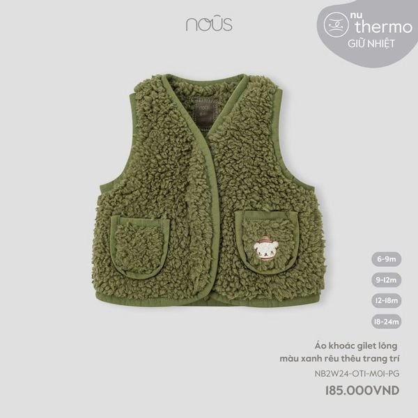  Áo khoác gile lông màu xanh rêu thêu trang trí 