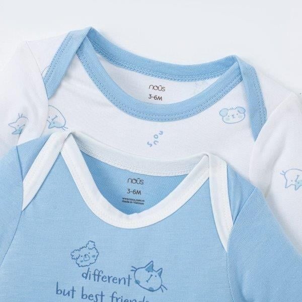  Set 2 bodysuit dài tay màu trắng in họa tiết phối xanh 