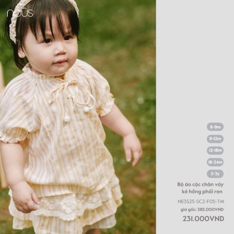  Bộ áo cộc chân váy kẻ hồng phối ren 