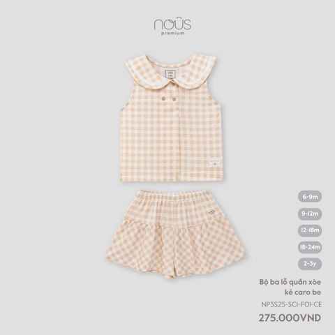  Bộ ba lỗ quần xòe kẻ caro be 