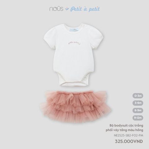  Bộ bodysuit cộc trắng phối váy tầng màu hồng 