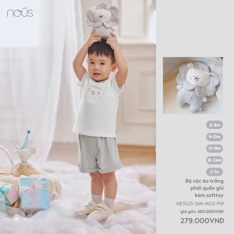  Bộ cộc áo trắng phối quần ghi kèm softtoy 