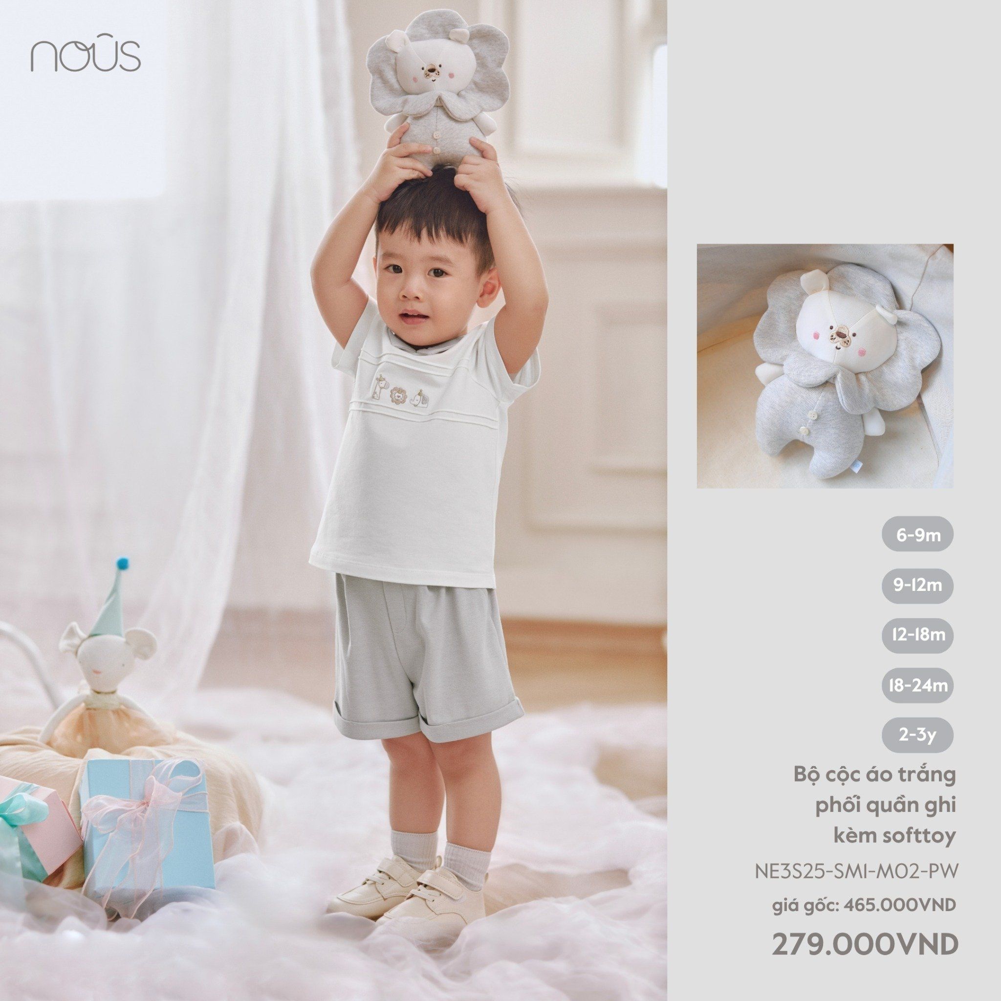  Bộ cộc áo trắng phối quần ghi kèm softtoy 