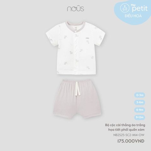  Bộ cộc cài thẳng áo trắng họa tiết phối quần xám 
