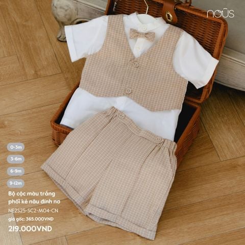 Bộ cộc màu trắng phối kẻ nâu đính nơ 