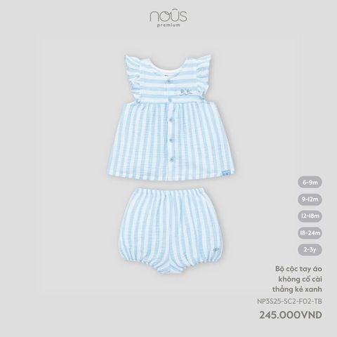  Bộ cộc tay áo không cổ cài thẳng kẻ xanh 