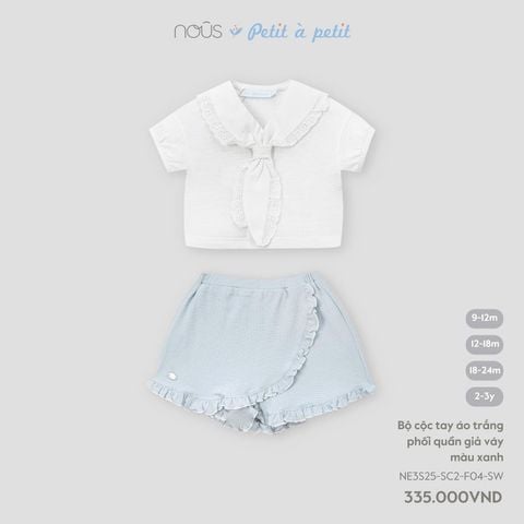  Bộ cộc tay áo trắng phối quần giả váy màu xanh 