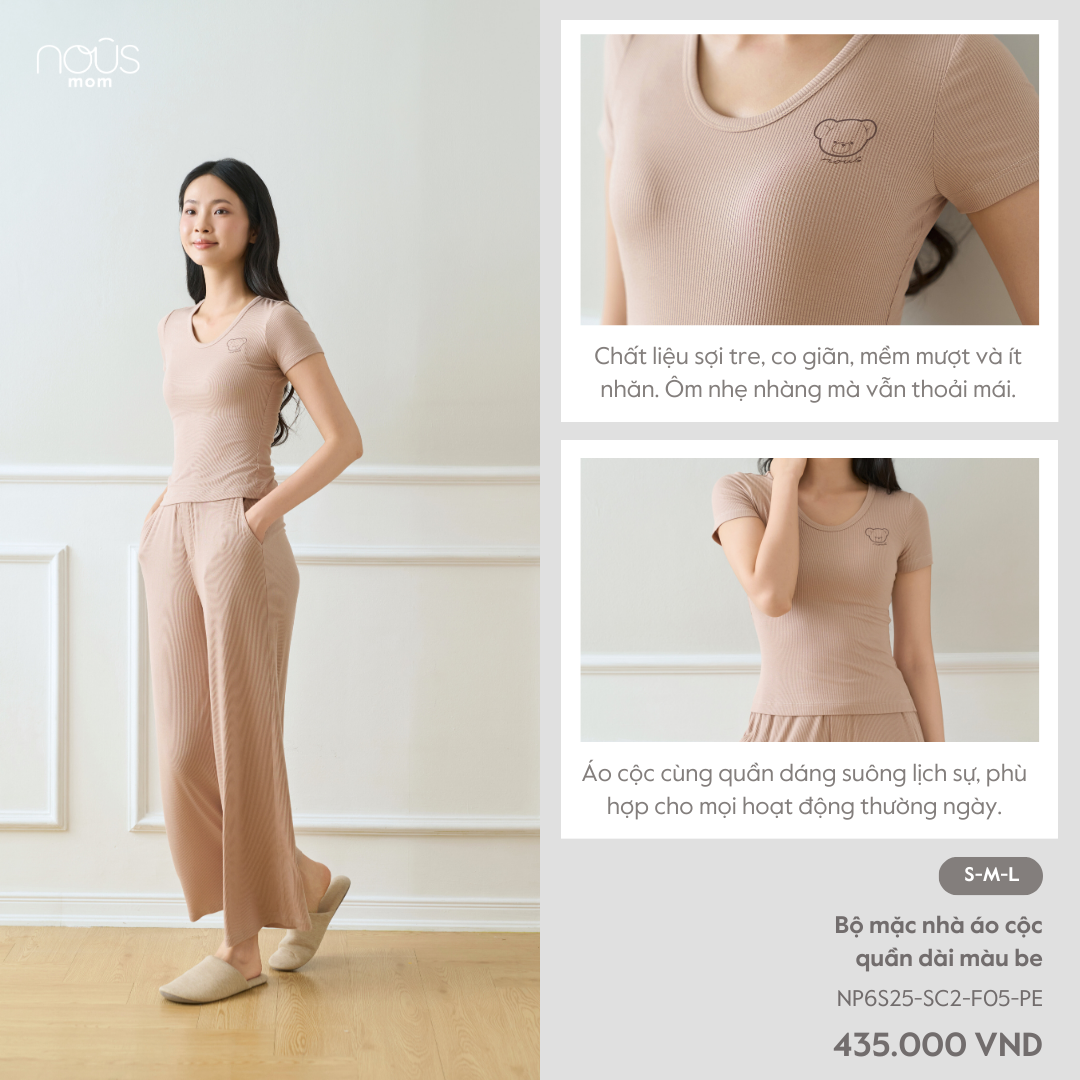  Bộ mặc nhà áo cộc quần dài màu be 