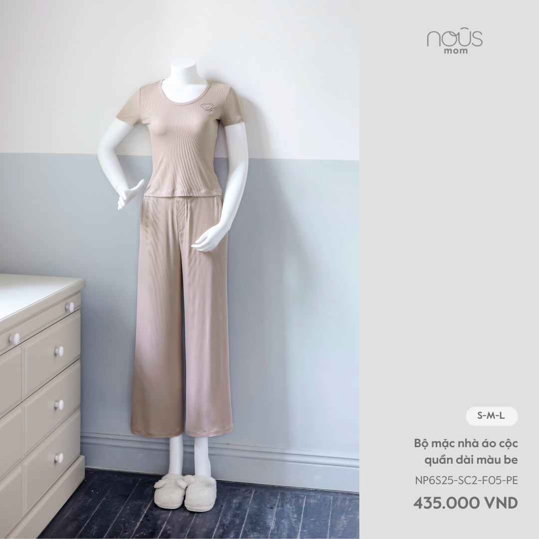  Bộ mặc nhà áo cộc quần dài màu be 