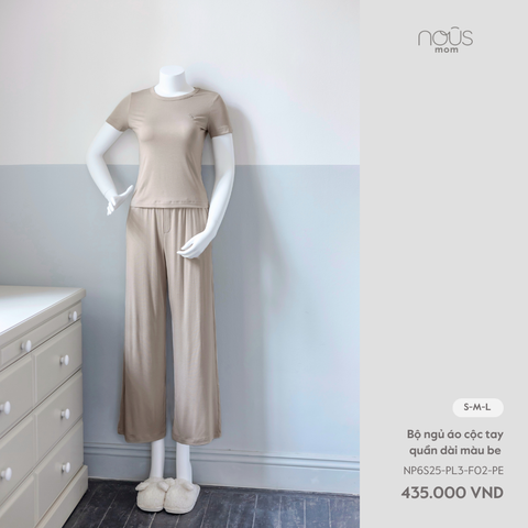  Bộ ngủ áo cộc tay quần dài màu be 