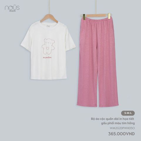  Bộ áo cộc quần dài in họa tiết gấu phối màu tím hồng 