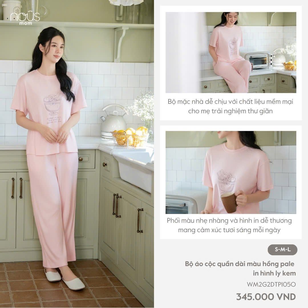  Bộ áo cộc quần dài màu hồng pale in hình ly kem 