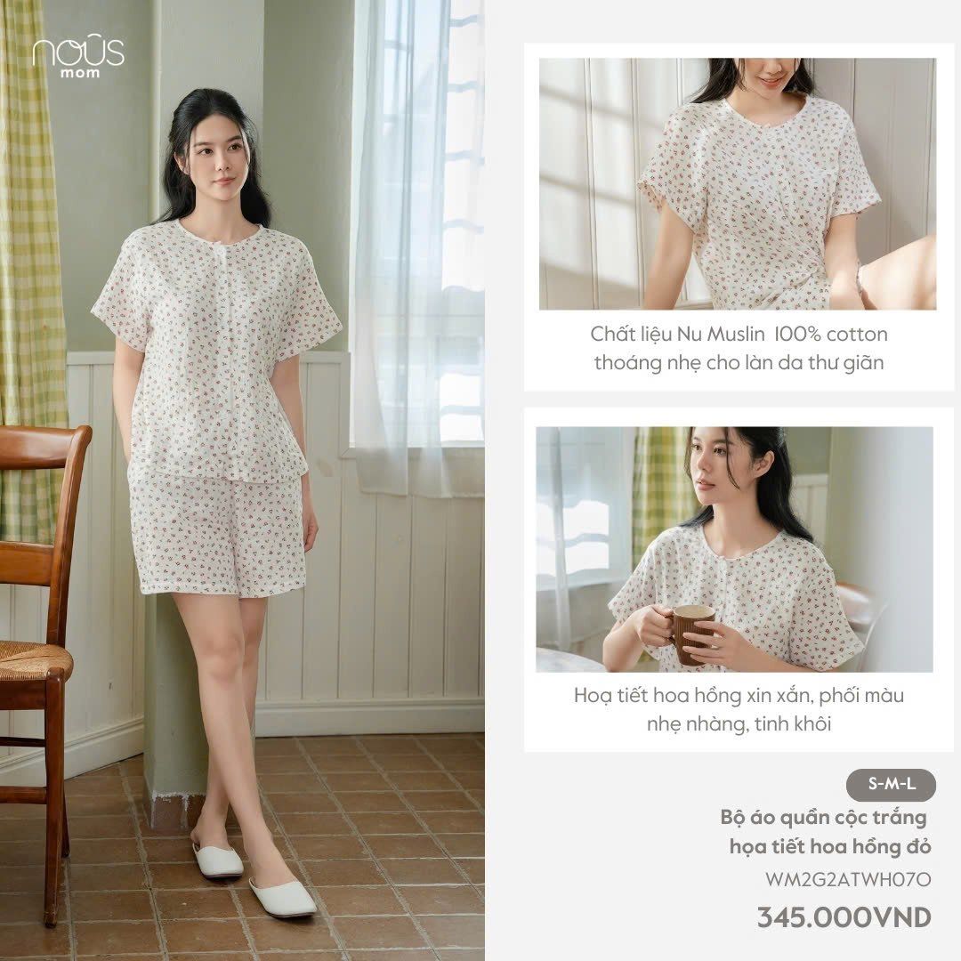  Bộ áo quần cộc trắng họa tiết hoa hồng đỏ 