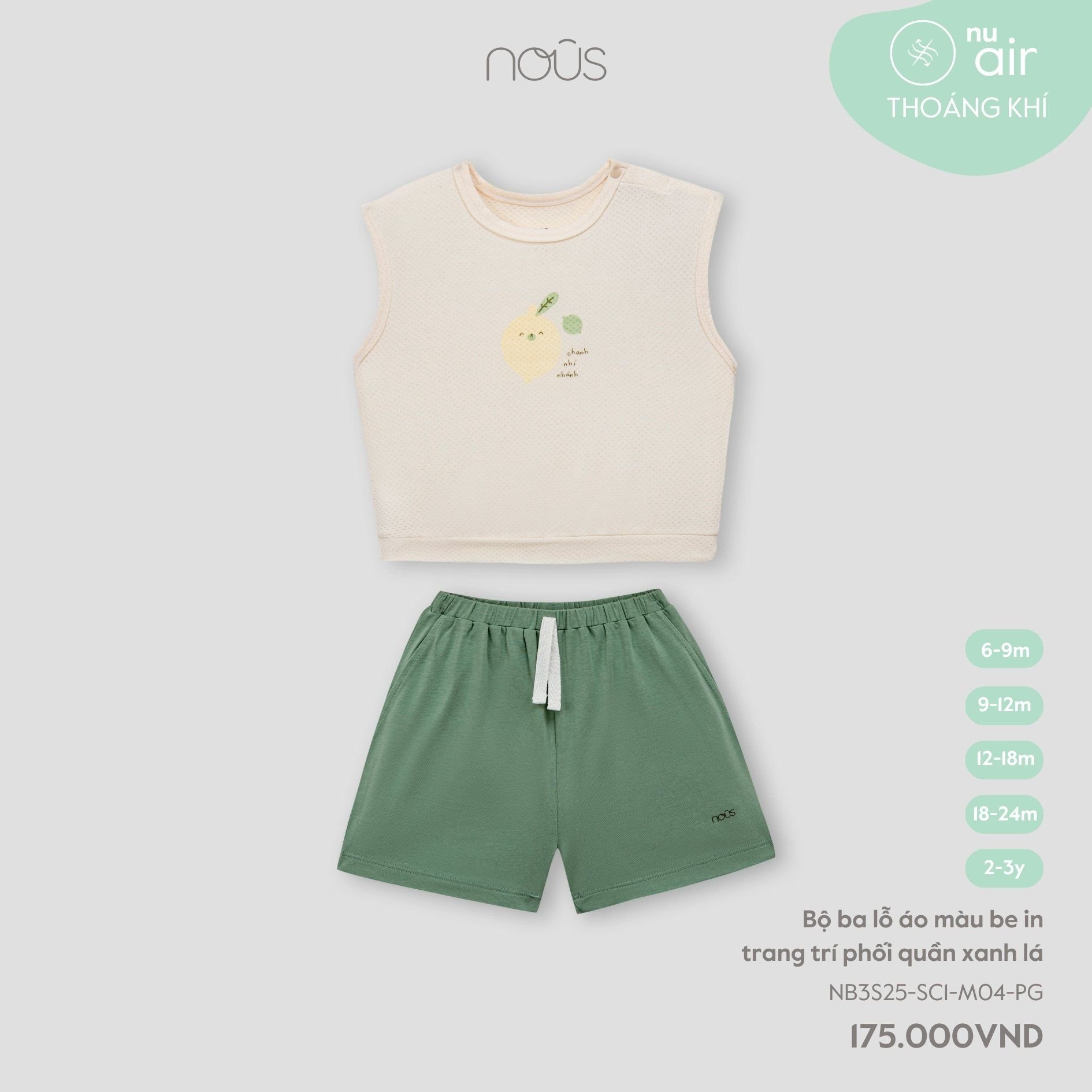  Bộ ba lỗ áo màu be in trang trí phối quần xanh lá 