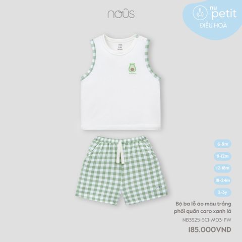  Bộ ba lỗ áo màu trắng phối quần caro xanh lá 