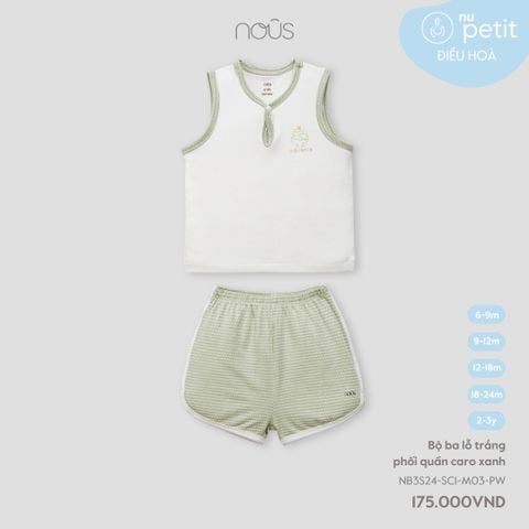  Bộ ba lỗ trắng phối quần caro xanh 