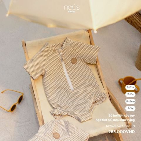  Bộ bơi liền cộc tay họa tiết nổi màu nâu trắng 