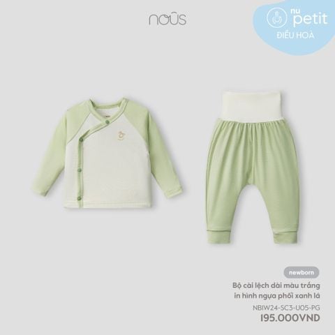  Bộ cài lệch dài màu trắng in hình ngựa phối xanh lá 