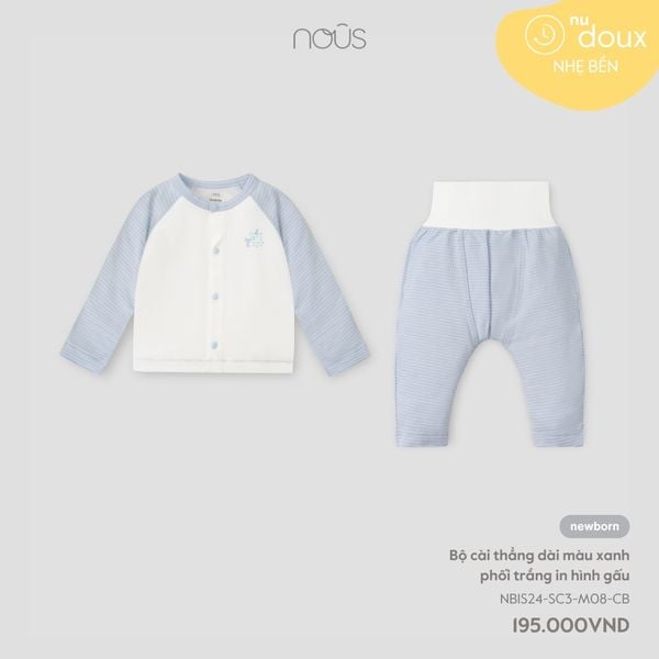  Bộ cài thẳng dài màu xanh phối trắng in hình gấu 