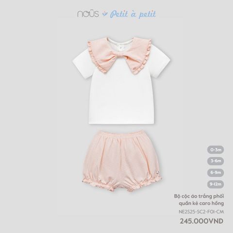  Bộ cộc áo trắng phối quần kẻ caro hồng 