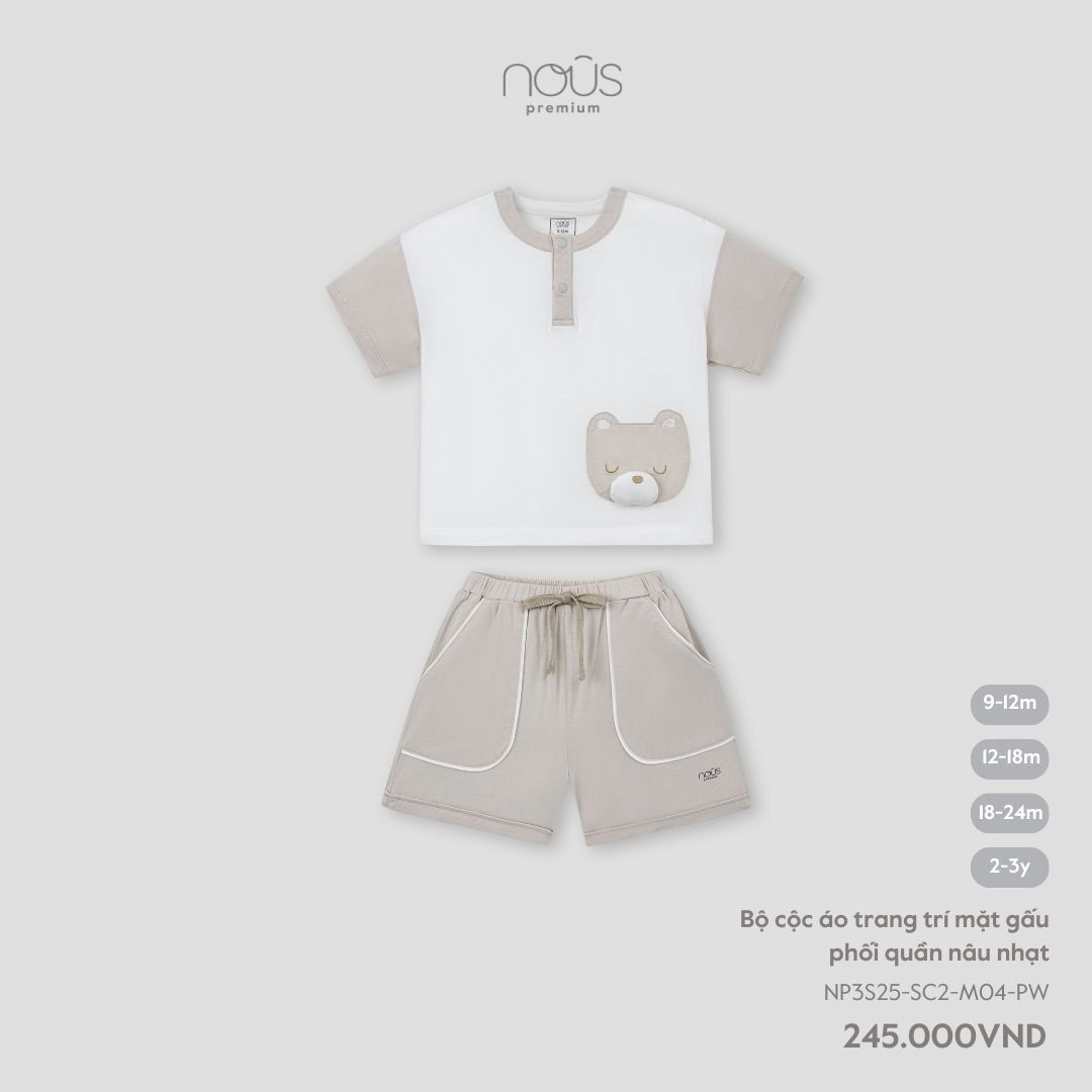  Bộ cộc áo trang trí mặt gấu phối quần nâu nhạt 